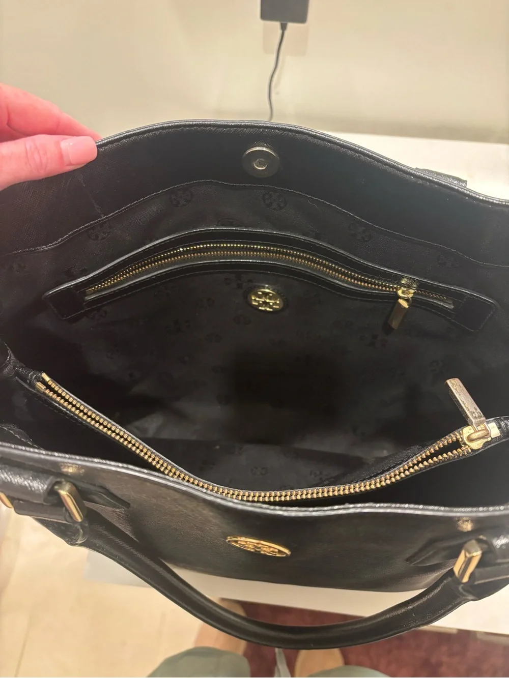 Tory Burch Black Leather Double-Handle Tote with Gold Logo